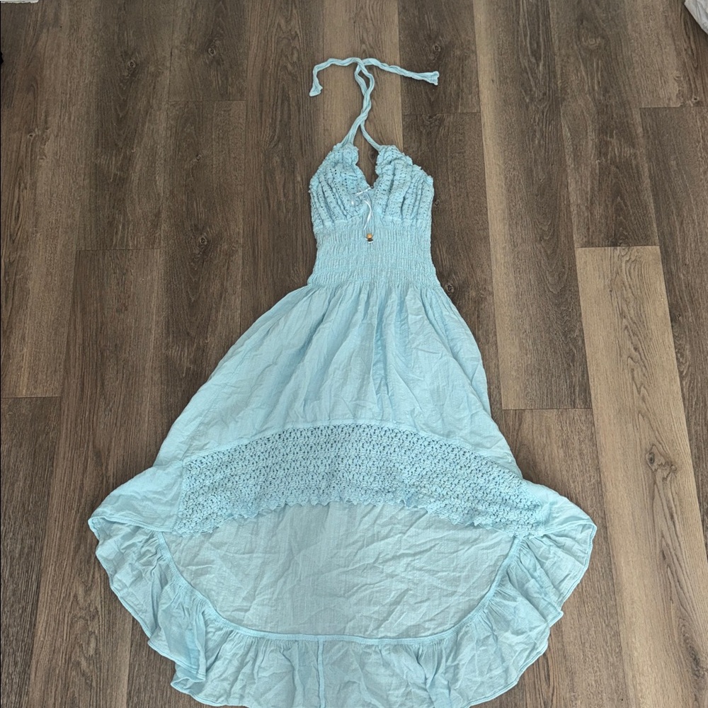 Cotton Natural Baby Blue Halter Dress – Hi-Low Lace Trim (Size Medium) - Picture 3 of 6